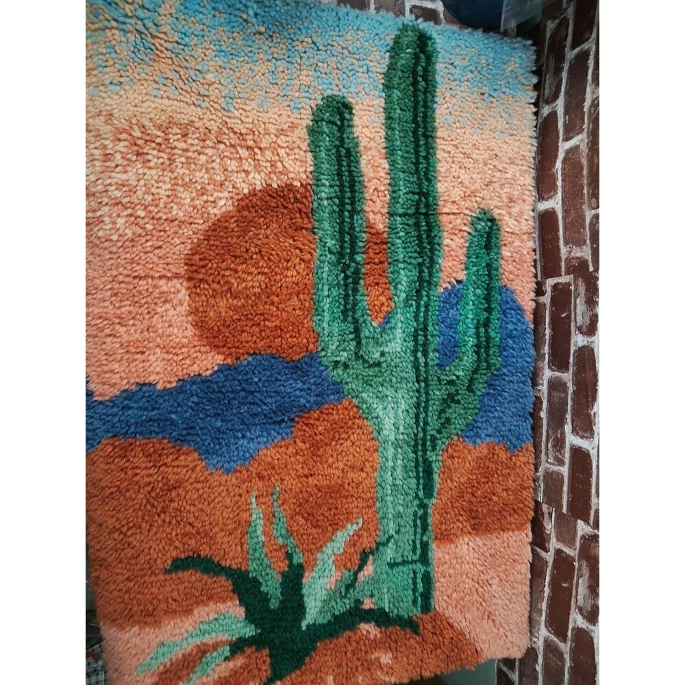 Vintage 70s/80s Latch Hook Rug Wall Hanging Desert Cactus Landscape 28 X 38
